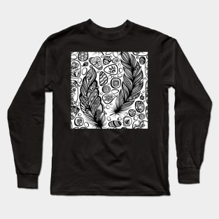 Monochrome Seamless Pattern with Sea Pebbles and Feathers Long Sleeve T-Shirt